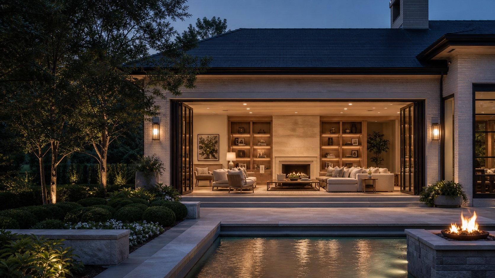 AI-generated concept of a refined Carolinas residence opening to a pool at dusk