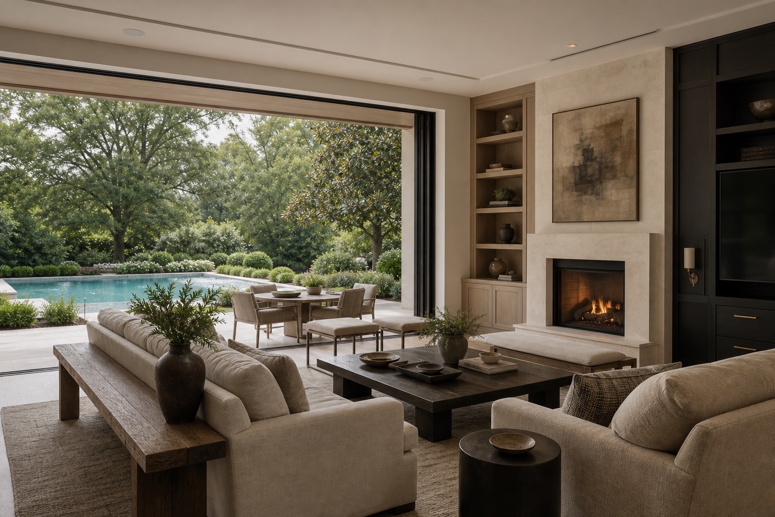 AI-generated concept of a modern family room with wide sliding doors overlooking a pool