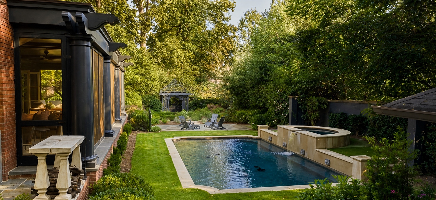 Dilworth backyard with pool, spa, and landscaped garden
